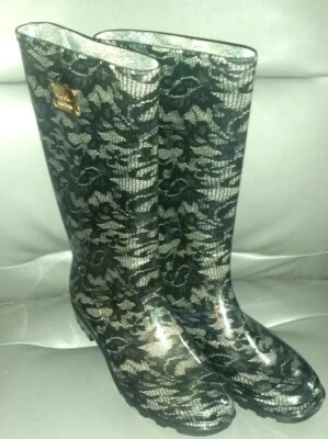 Botas de lluvia Nicole Miller New York - Estampado de encaje negro - Botas de agua Muck para mujer talla 11 Foto 1 de 4