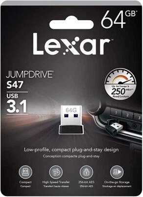 Lexar 64GB JumpDrive S47 USB 3.1 Speed up to 250MB/s Read Flash Drive Mini -UK - Image 1 of 4