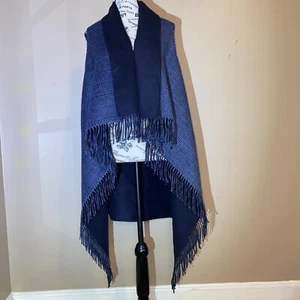 Talbots Blue Plaid Wrap Vest Women's M/L Draped Open Front Fringe Wool Blend - Picture 1 of 6