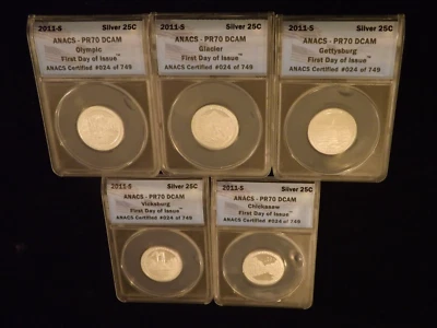 2011 -S    Quarter   5 Coin  SILVER Set           ANACS   PR 70 DCAM - Image 1 of 2