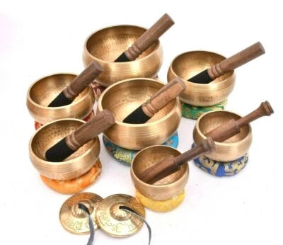 Hand beaten Tibetan Singing Bowl set of 7 with Tingsha cymbals & mallet cushion - Image 1 of 4