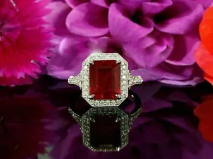 3.00 Ct Emerald Cut Ruby & Moissanite Engagement Ring 14k White Gold Plated - Picture 1 of 8