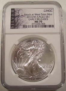Silver Eagle NGC MS 70 2013 (W) lanzamientos tempranos acuñado en West Point gema como nueva - Imagen 1 de 2