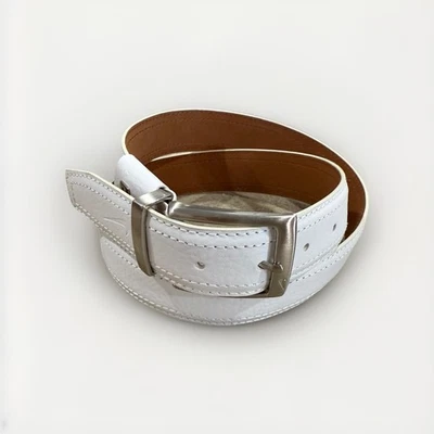 耐克高尔夫 G-Flex 白色皮革皮带拉丝银色扣男式 36 码,二手状况完好 — 第 1/4 张图片