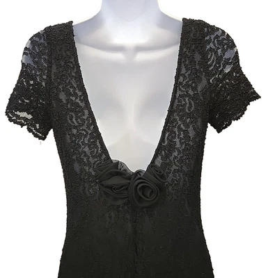 Vestido midi vintage negro de encaje espalda en V profunda 3D rosa manga gorra cóctel fiesta XXS Foto 1 de 4