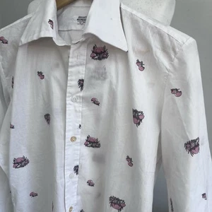 vintage 70s Mushroom Print shirt White Pink Brown Retro 15 1/2 “ - Picture 1 of 15