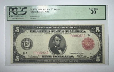 1914 $5 Federal Reserve Note Red Seal Atlanta, Georgia Fr. 837b PCGS 30 - Image 1 of 2