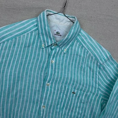 Camisa vintage Lacoste 100 % lino a rayas verde blanco con botones Foto 1 de 4