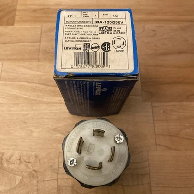Enchufe de bloqueo giratorio Leviton 2711 30A 125/250V 3P 4W puesta a tierra NEMA L14-30P generador Foto 1 de 2