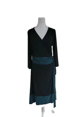 Jones Wear Black Green 3/4 Sleeve Wrap Dress Sz 14 - Image 1 of 4