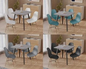 Modern Grey Ceramic Dining Table with 4Pc Lounge Chairs Set with Solid Wood Legs - Picture 1 of 16