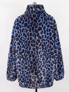 Loose Plush Jacket Women's Long Sleeve Stand-Up Collar Zipper Blue Leopard Print - Picture 1 of 6