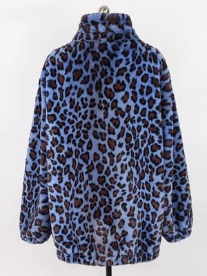 Loose Plush Jacket Women's Long Sleeve Stand-Up Collar Zipper Blue Leopard Print - Image 1 of 4