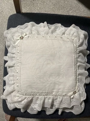 White Lace Ruffled Decorative Pillow with Satin Bow Details, Victorian Style. - Image 1 of 3