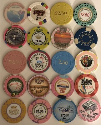 $2.50 LOT OF 20 VARIOUS MISCELLANEOUS CASINO CHIPS BARREL LOT #5 - Image 1 of 2