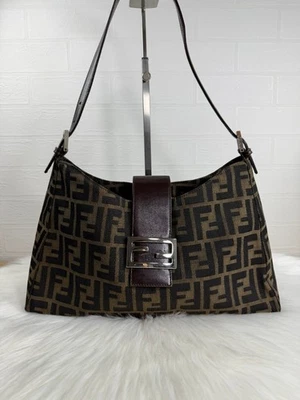 Authentic Fendi Zucca Baguette Shoulder Bag Canvas Leather Brown FF Logo - Image 1 of 4