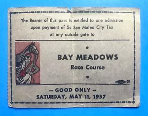 1957 Bay Meadows Pass - Horse Racing - San Meteo - Picture 1 of 2