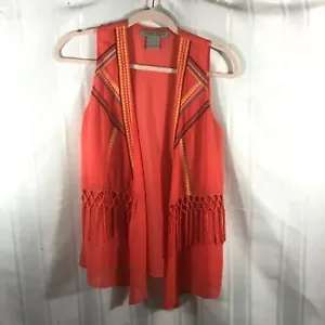 Flying Tomato Orange Women's Size: S Open Front Tassel Trim Sleeveless Cardigan - Imagen 1 de 3