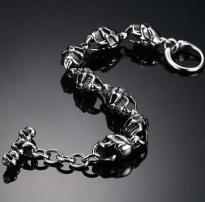 Pulsera de acero inoxidable estilo motociclista gótico punk rock calavera para hombre Foto 1 de 4