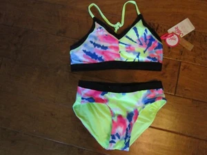 Justice Girls 12/14 Reversible Swimsuit Lime Green Blue Pink 2 piece UPF 50+ NWT - Picture 1 of 4