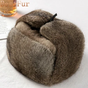 Hombres Sombrero de piel de conejo real ruso Ushanka sombreros aviador trampero cazador sombrero gorra de esquí - Imagen 1 de 11