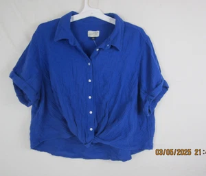 Universal Thread Short Sleeve Collared TwistFront Button Down Shirt Blue XXL - Picture 1 of 12