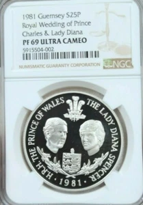 1981 GUERNSEY SILVER 25 PENCE ROYAL WEDDING LADY DIANA NGC PF 69 ULTRA CAMEO - Picture 1 of 3