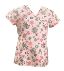 Womens Fashion Medical Nursing Scrub Tops Pink base colorful snowflakes 3XL - Picture 1 of 2
