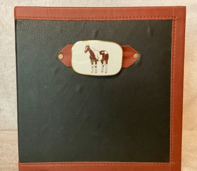 JET BLACK PIGSKIN LEATHER 3 RING BINDER DON SLATER BROWN & WHITE PAINT HORSE BKL - Image 1 of 4