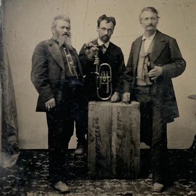 Antique Tintype Group Photograph Dapper Men Drinking Wine Horn Wood Crate Unique - Image 1 of 4