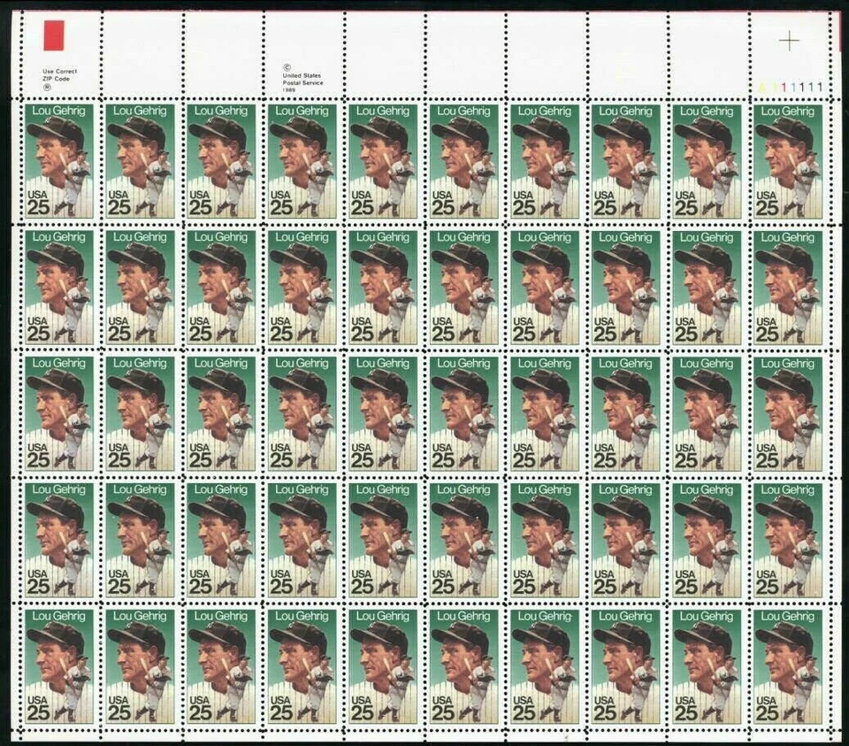 US Scott # 2417 - Sheet of 50 - Lou Gehrig - MNH - 1989 BASEBALL - Image 1 of 1