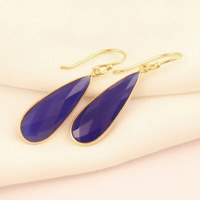 Pendiente Vintage Calcedonia Azul Chapado en Oro Bisel Ajuste Gancho Lágrima Pendiente Foto 1 de 3