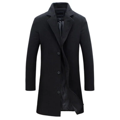 Mens Jacket Outwear Overcoat Trench Coats Solid Color Button Up Long Sleeve Gift - Image 1 of 4
