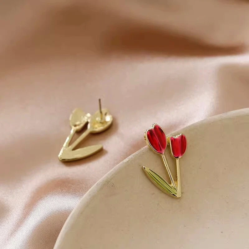 10pcs Red Tulip Stud Earrings, 14K Real Gold Plated Brass Tulip Earrings - Image 1 of 1