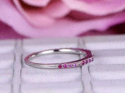 1Ct Round Cut Lab Created Pink Sapphire Half Eternity Band 14k White Gold Finish - Image 1 of 4