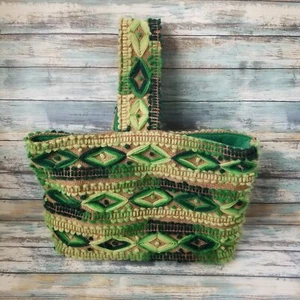 Vintage Crewel Burlap Beach Bag 1970s Green Ombre Retro Tote - Picture 1 of 6