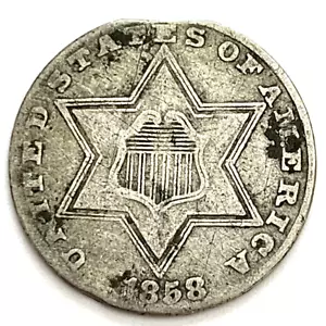 1858 Type 2 3C Three Cent Silver Piece: Damage - Picture 1 of 2