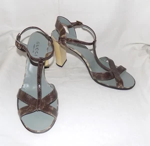 Sandalias Gucci Karung Piel de Serpiente Marrón-Multi Correa en T Punta Abierta Tacón Alto Bloque 10B - Imagen 1 de 8