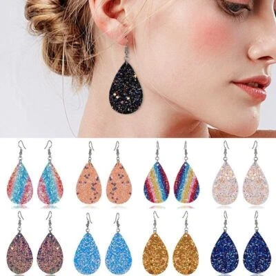 Women Bling Waterdrop Leather Earrings Ear Stud Hook Drop Dangle Sequin Jewelry - Image 1 of 4