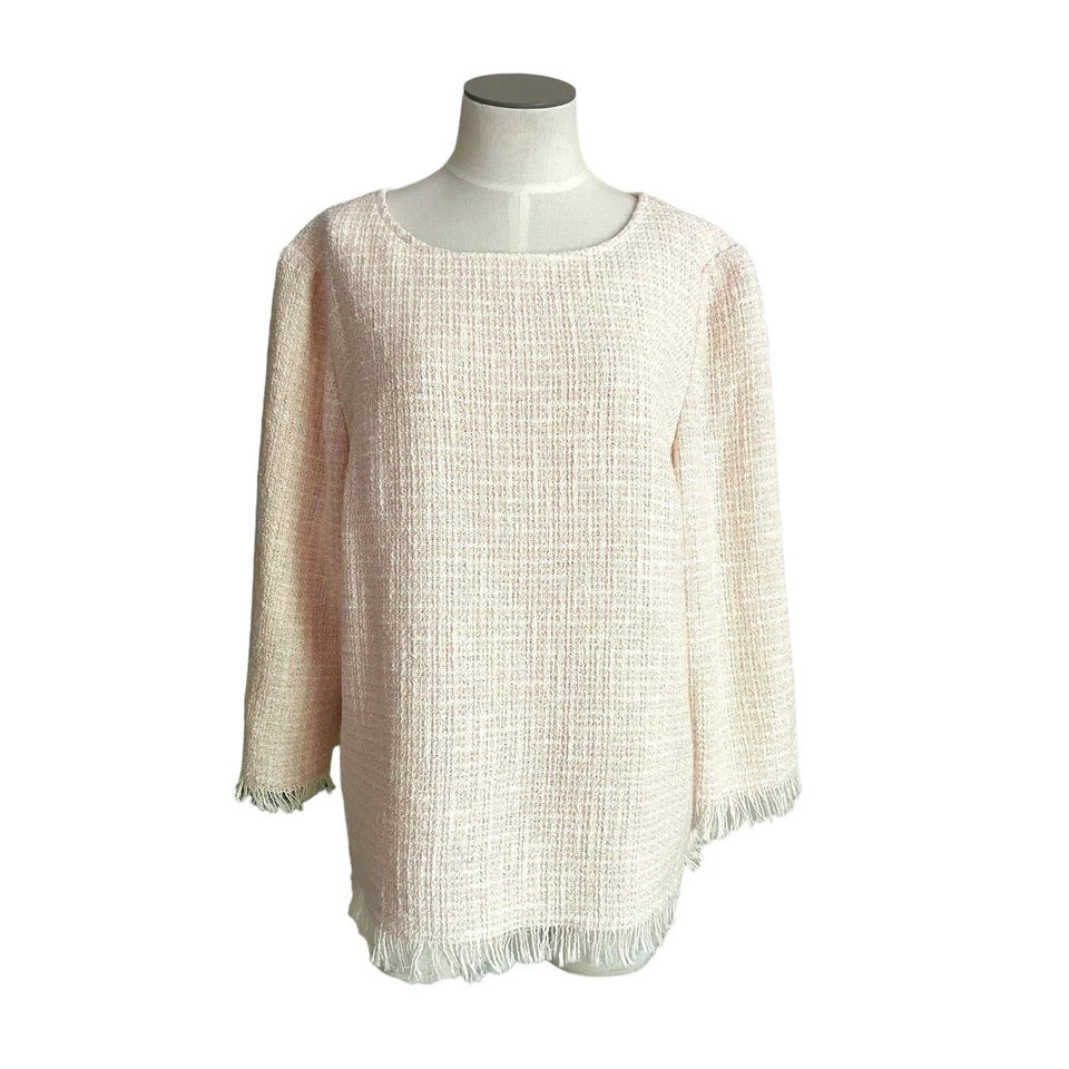 Top de trabajo Anne Klein clásico rubor tweed mezcla de algodón tejido flecos talla L para mujer Foto 1 de 4