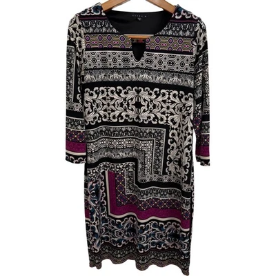 Tiana B Dress M Mixprint Geometric Paisley Print Shift 3/4 Sleeve Boho Retro - Image 1 of 4