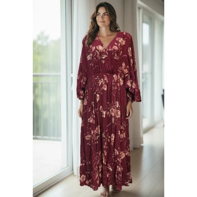 Maxi Vestido Caballete Estampado Floral Borgoña Bohemio Fluido Manga Larga Pequeño Foto 1 de 4