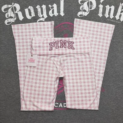 PINK x LoveShackFancy Icon Gingham Pink Plaid Cotton Foldover Flare Leggings - Image 1 of 4