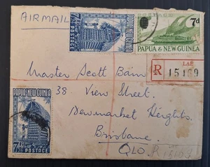 1957 Papua New Guinea Airmail Reg Cover 3 Stamps cd Lae-Brisbane - Picture 1 of 2