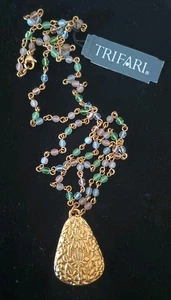 New/Vintage Trifari Gold tone Necklace Beaded Chain Teardrop Pendant - Picture 1 of 2