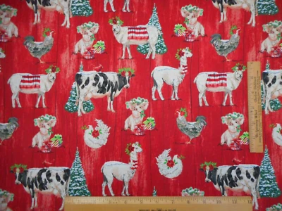 Christmas Fabric Half-Yard Festive Animals Cow Pig+ on Red Premium Cotton #40 C - Image 1 of 2