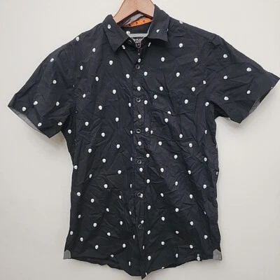 NEW Free Planet Men's S Halloween Short Sleeve Button Up Shirt Black Skull Print - Image 1 of 4