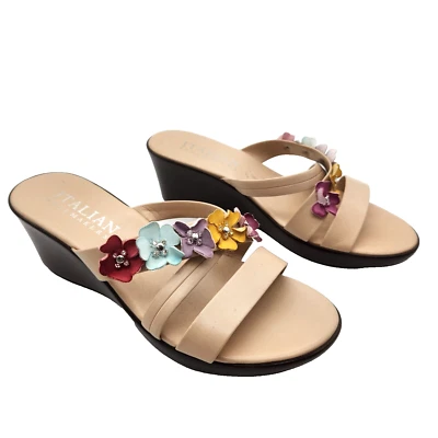 Italian Shoemakers Slide Wedge Sandals Flowers Rhinestones Womens Size 8 - Image 1 of 4