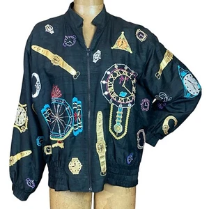 Vintage Cache Seide Bomberjacke Neuheit Uhrenmuster S schwarz 336G - Bild 1 von 6