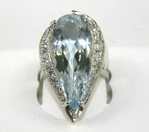 Pear Shape Aquamarine & Diamond Halo Solitaire Ring 14k White Gold 9.33Ct - Picture 1 of 7